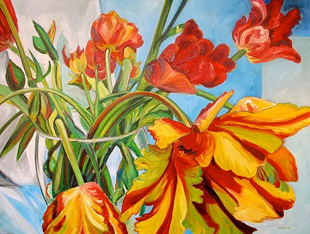 Parrot Tulips on Blue, Drawing Out